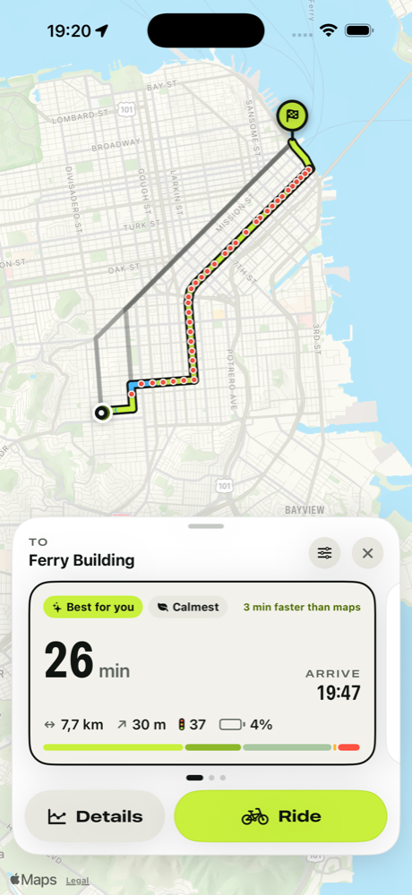 Pedalwise showing three routes across San Francisco with ride times, traffic lights and battery use.